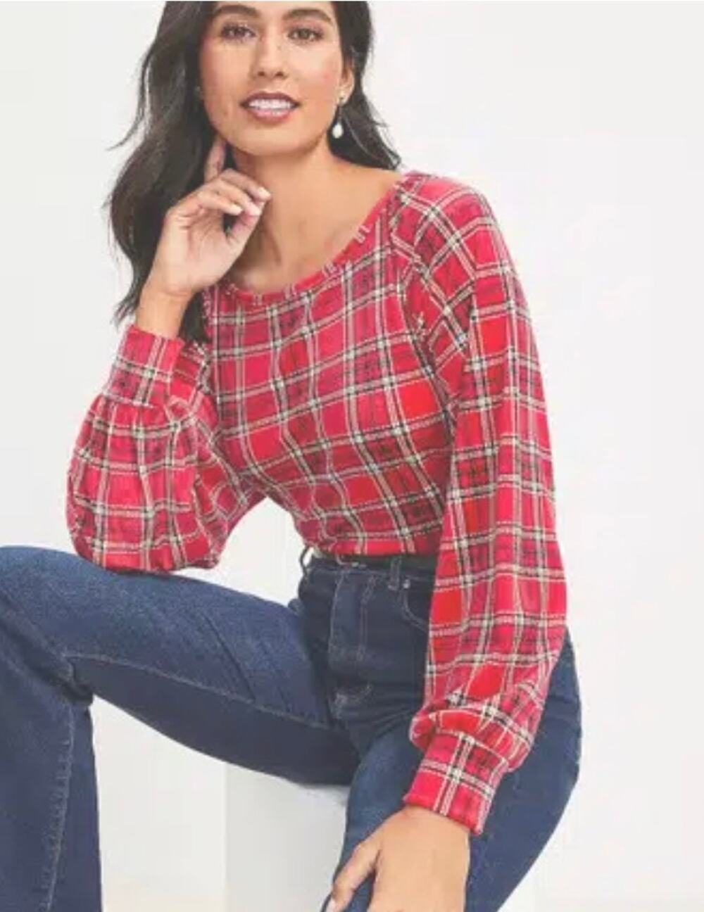 LOFT Plaid Velour Sweatshirt Womens XL Red Plush Soft Loungewear Preppy Top